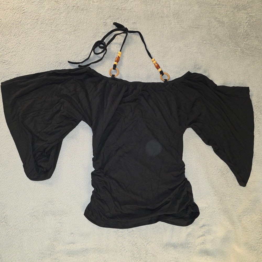 Verdusa Womens Black Y2K Beaded Halter Off Shoulder Ruched T-Shirt Small NWT